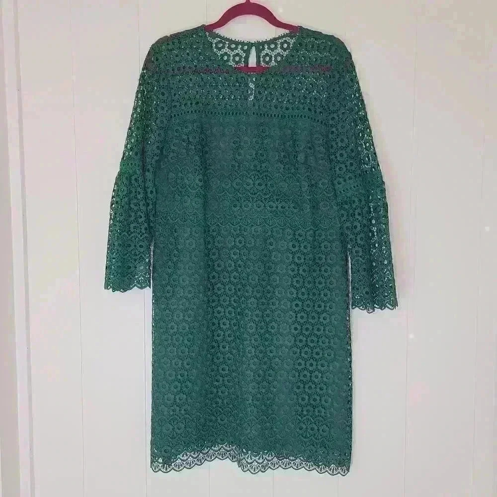 J. CREW Bell Sleeve Daisy lace Dress Jade Green EUC Size 14